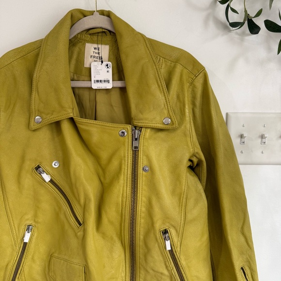 Free People We The Free Jealousy Leather Moto Jacket Green Canary - Picture 4 of 5